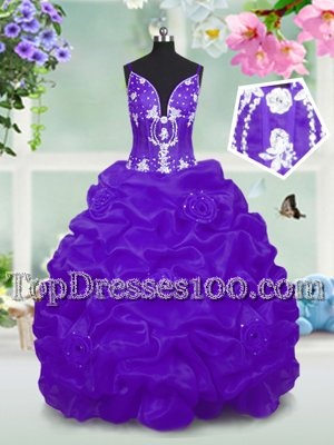 Cute Purple Flower Girl Dresses Party and Wedding Party and For with Beading and Pick Ups V-neck Sleeveless Lace Up