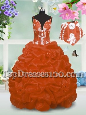 V-neck Sleeveless Little Girl Pageant Dress Floor Length Beading and Pick Ups Orange Taffeta