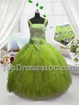 Yellow Green Lace Up Straps Beading and Ruffles Casual Dresses Tulle Sleeveless