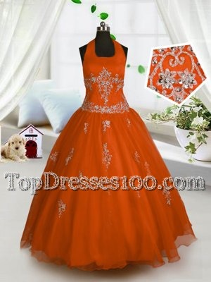 Glittering Red A-line Tulle Halter Top Sleeveless Appliques Floor Length Lace Up Flower Girl Dresses for Less