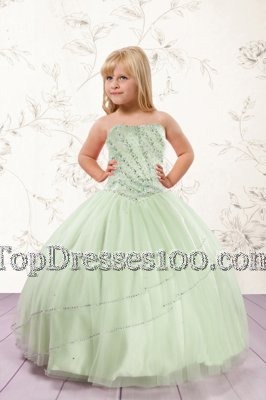 Apple Green Ball Gowns Tulle Strapless Sleeveless Beading Floor Length Lace Up Flower Girl Dresses for Less