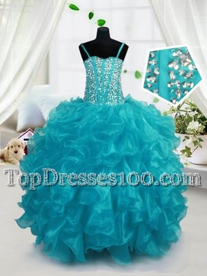 Best Selling Aqua Blue Sleeveless Beading and Ruffles Floor Length Juniors Party Dress
