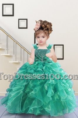 Fabulous Turquoise Sleeveless Organza Lace Up Little Girls Pageant Dress for Military Ball and Sweet 16 and Quinceanera