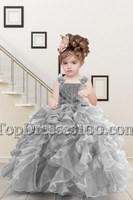 Dazzling Sleeveless Floor Length Beading and Ruffles Lace Up Flower Girl Dress with Grey