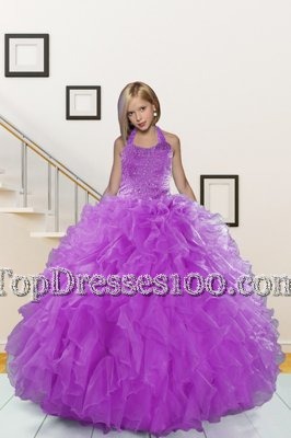 Sophisticated Halter Top Sleeveless Floor Length Beading and Ruffles Lace Up Teens Party Dress with Purple