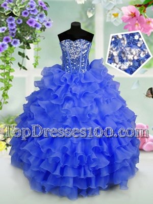 Graceful Sequins Ruffled Royal Blue Sleeveless Organza Lace Up Little Girls Pageant Dress for Party and Wedding Party