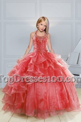 Pretty Halter Top Red Sleeveless Beading and Ruffles Floor Length Kids Formal Wear
