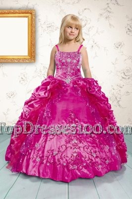 Smart Beading and Appliques and Pick Ups Toddler Flower Girl Dress Hot Pink Lace Up Sleeveless Floor Length