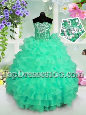 Romantic Floor Length Turquoise Little Girls Pageant Dress Organza Sleeveless Ruffled Layers and Sequins