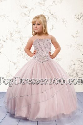 Custom Made Strapless Sleeveless Tulle Pageant Gowns For Girls Beading Lace Up
