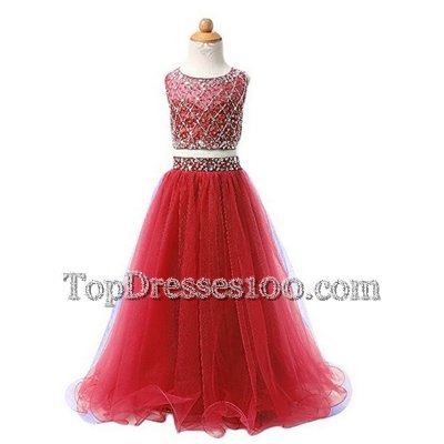 Scoop Floor Length Two Pieces Sleeveless Red Flower Girl Dress Zipper