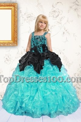 Fashion Aqua Blue Ball Gowns Organza Straps Sleeveless Beading and Pick Ups Floor Length Lace Up Teens Party Dress