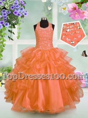 Chic Scoop Sleeveless Organza Floor Length Lace Up Juniors Party Dress in Purple for with Beading and Ruffled Layers