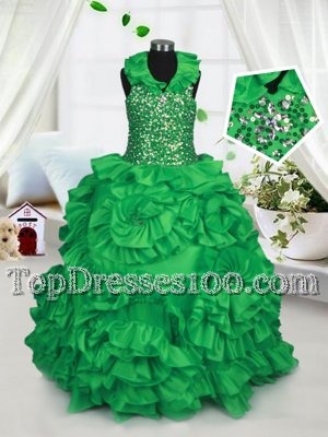 Halter Top Taffeta Sleeveless Floor Length Toddler Flower Girl Dress and Beading and Ruffles