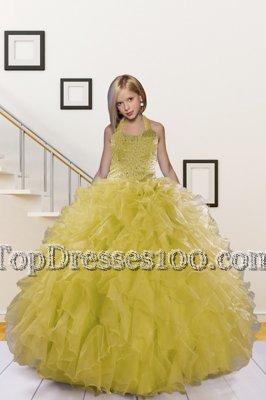 Halter Top Floor Length Light Yellow Flower Girl Dress Organza Sleeveless Beading and Ruffles