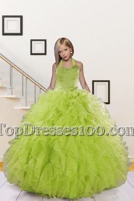 Halter Top Olive Green Ball Gowns Beading and Ruffles Child Pageant Dress Lace Up Organza Sleeveless Floor Length