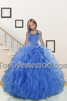 Blue Halter Top Lace Up Beading and Ruffles Party Dress for Girls Sleeveless