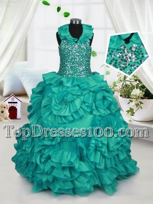 Traditional Turquoise Zipper Halter Top Beading and Ruffles Little Girls Pageant Dress Wholesale Taffeta Sleeveless