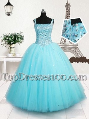Beading and Sequins Juniors Party Dress Light Blue Lace Up Sleeveless Floor Length