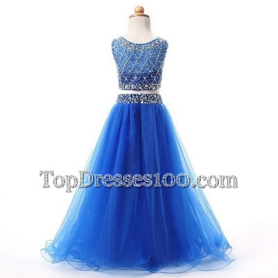High Class Beading Flower Girl Dresses Champagne Lace Up Sleeveless Floor Length