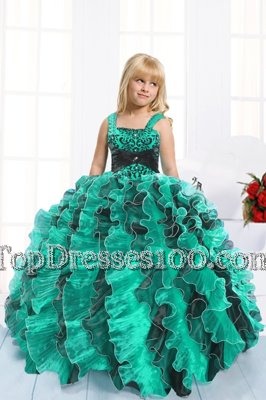 Lovely Teal Organza Lace Up Party Dresses Sleeveless Floor Length Beading and Ruffles