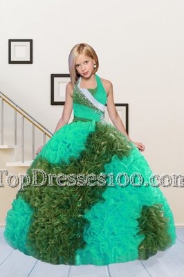 Halter Top Sleeveless Lace Up Teens Party Dress Green Fabric With Rolling Flowers