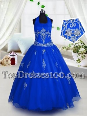 Nice Blue Halter Top Lace Up Appliques Toddler Flower Girl Dress Sleeveless