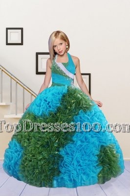 Fashion Halter Top Sleeveless Floor Length Beading and Ruffles Lace Up Flower Girl Dresses for Less with Baby Blue and Green