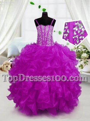 Ball Gowns Toddler Flower Girl Dress Hot Pink Spaghetti Straps Organza Sleeveless Floor Length Lace Up