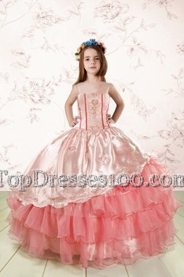 Baby Pink Spaghetti Straps Lace Up Embroidery and Ruffled Layers Custom Made Sleeveless