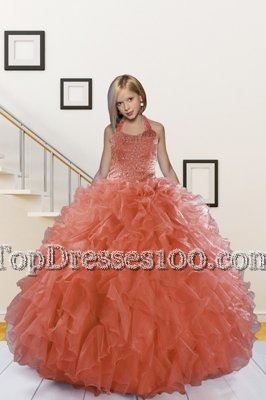 Watermelon Red Ball Gowns Organza Halter Top Sleeveless Beading and Ruffles Floor Length Lace Up Little Girl Pageant Dress