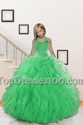 Ball Gowns Child Pageant Dress Green Halter Top Organza Sleeveless Floor Length Lace Up