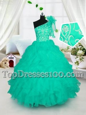 Modern One Shoulder Floor Length Ball Gowns Sleeveless Turquoise Little Girls Pageant Dress Lace Up