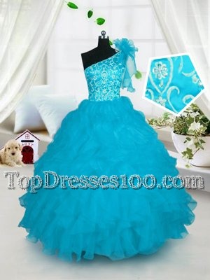 Sleeveless Floor Length Beading and Ruffles Lace Up Toddler Flower Girl Dress with White