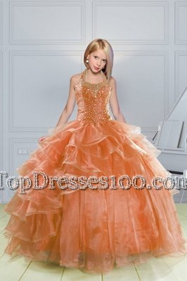Wonderful Halter Top Sleeveless Toddler Flower Girl Dress Floor Length Beading and Ruffles Orange Organza