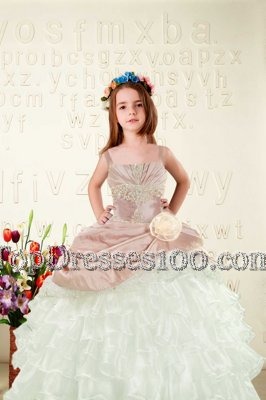 Comfortable Floor Length Peach Child Pageant Dress Organza Sleeveless Beading and Ruffled Layers and Hand Made Flower