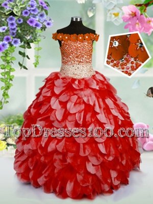 Exquisite Ball Gowns Juniors Party Dress Red Off The Shoulder Organza Sleeveless High Low Lace Up