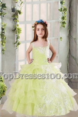 Light Yellow Ball Gowns Square Sleeveless Organza Floor Length Lace Up Lace and Ruffled Layers Little Girls Pageant Gowns