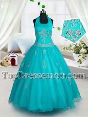 Halter Top Sleeveless Lace Up Party Dress for Toddlers Aqua Blue Tulle