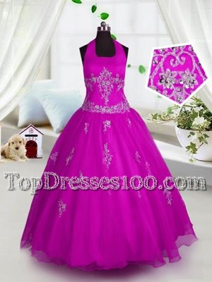 Fuchsia Halter Top Lace Up Appliques Juniors Party Dress Sleeveless