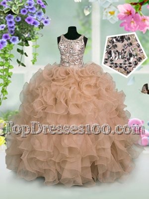 High End Scoop Pink Ball Gowns Ruffles and Sequins Kids Formal Wear Zipper Organza Sleeveless Floor Length