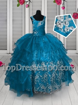 Aqua Blue Sleeveless Appliques and Ruffled Layers Floor Length Toddler Flower Girl Dress