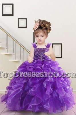 Purple Lace Up Womens Party Dresses Beading and Ruffles Sleeveless Floor Length