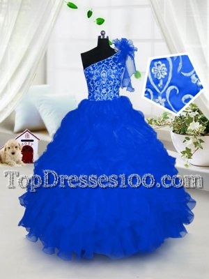 Elegant Royal Blue Ball Gowns One Shoulder Sleeveless Organza Floor Length Lace Up Embroidery and Ruffles Juniors Party Dress