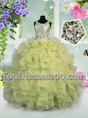 Light Yellow Ball Gowns Organza Scoop Sleeveless Ruffles and Sequins Floor Length Zipper Child Pageant Dress