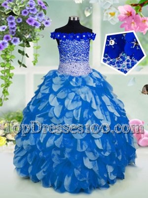 Pretty Off the Shoulder Short Sleeves Lace Up Floor Length Beading and Sashes|ribbons and Sequins Flower Girl Dress