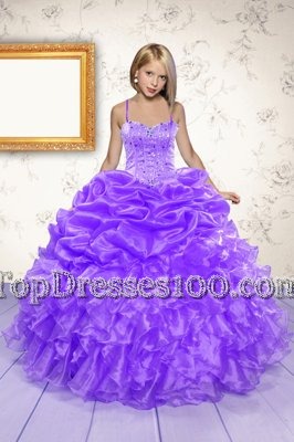 Eggplant Purple Lace Up Spaghetti Straps Beading and Ruffles and Pick Ups Womens Party Dresses Organza Sleeveless