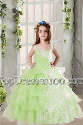 Graceful Lavender Organza Lace Up Square Sleeveless Floor Length Pageant Gowns For Girls Lace and Ruffled Layers