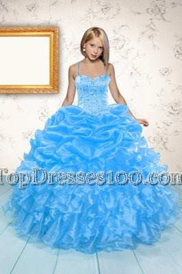 Beading and Ruffles and Pick Ups Flower Girl Dress Baby Blue Lace Up Sleeveless Floor Length