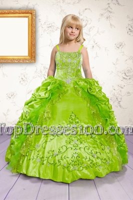 Floor Length Apple Green Flower Girl Dresses for Less Satin Sleeveless Beading and Appliques and Pick Ups